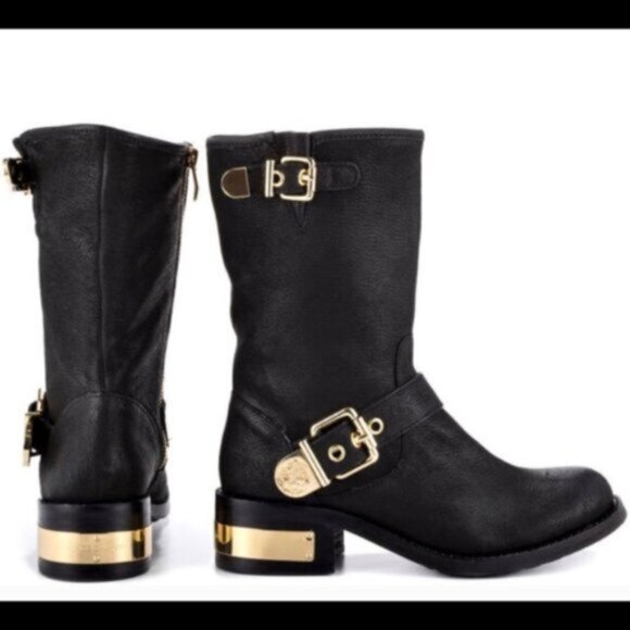 Vince Camuto Winchell Pebbled Leather Moto Boots Black Gold size 5.5 M - Picture 4 of 16